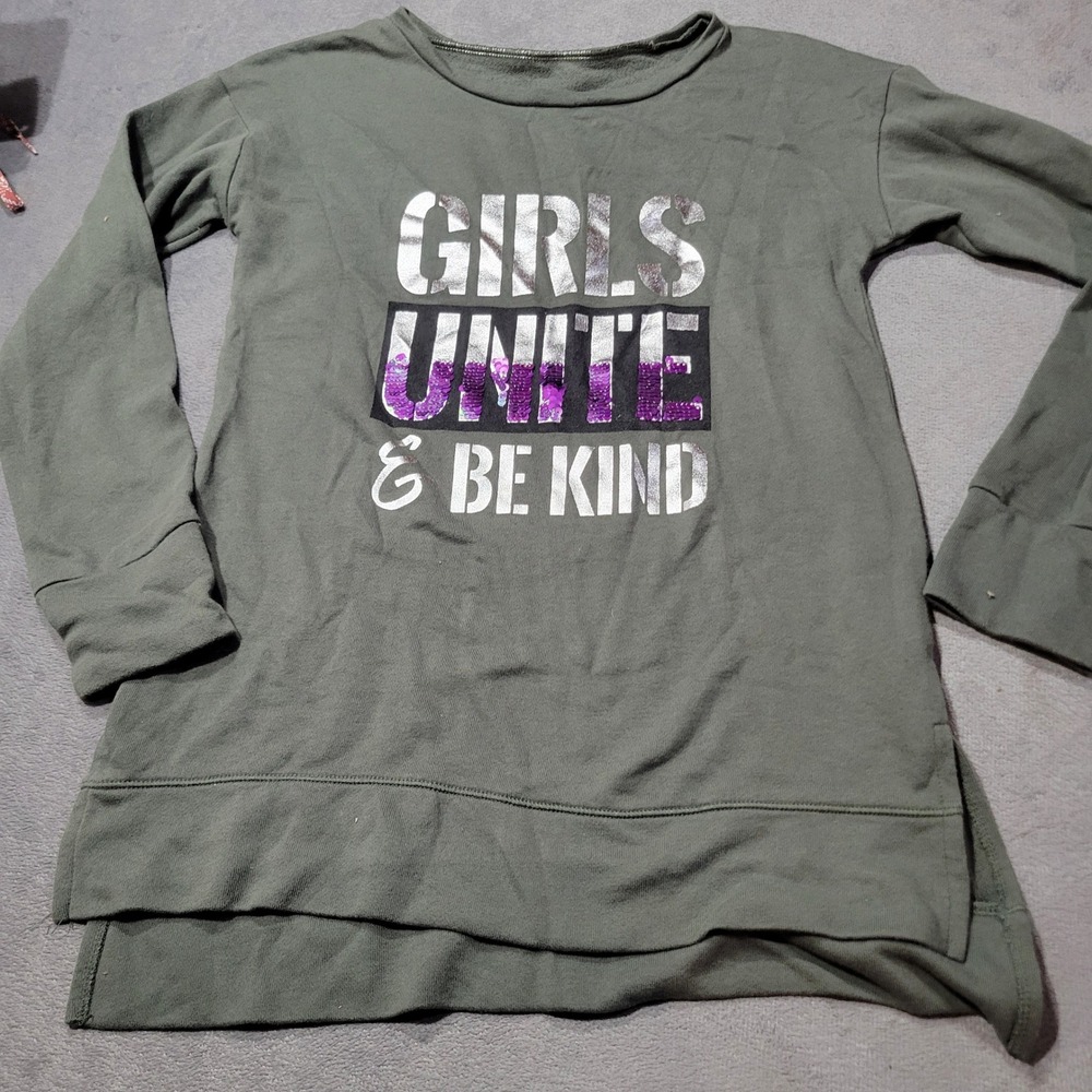 Justice Sweatshirt Girls 12 Green Girls Unite Be Kind Sequin‎ High Low Graphic